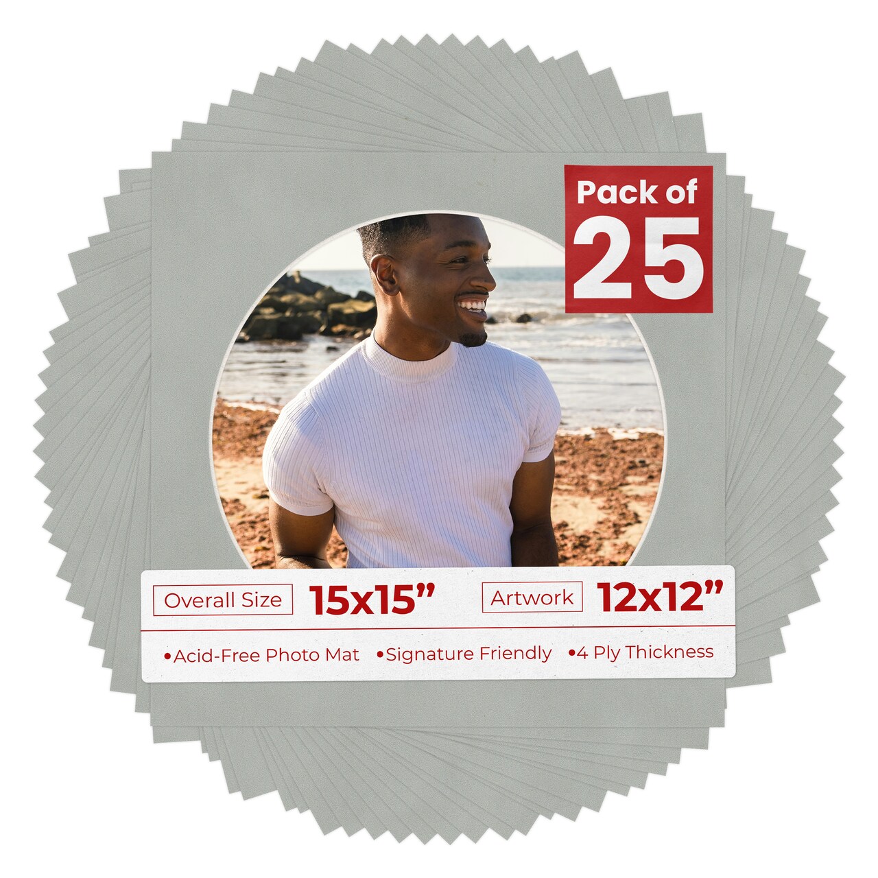 Light Grey Suede Mat Board for 15x15 Frames - Circle Opening for 12x12 Photos